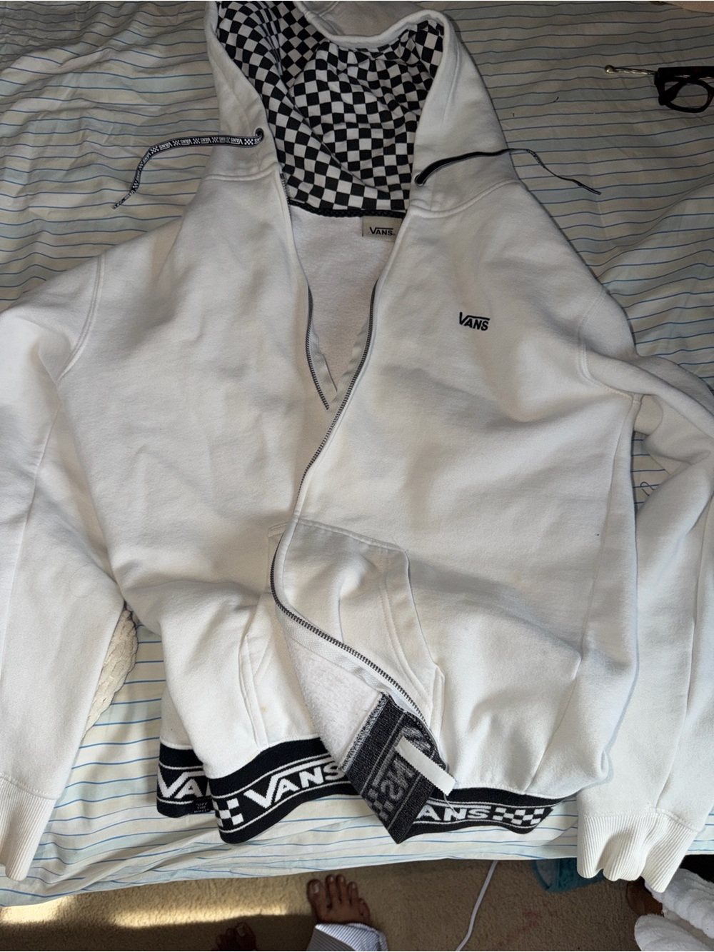 Vans White Zip-Up Hoodie with Black Checker Hood Lining
